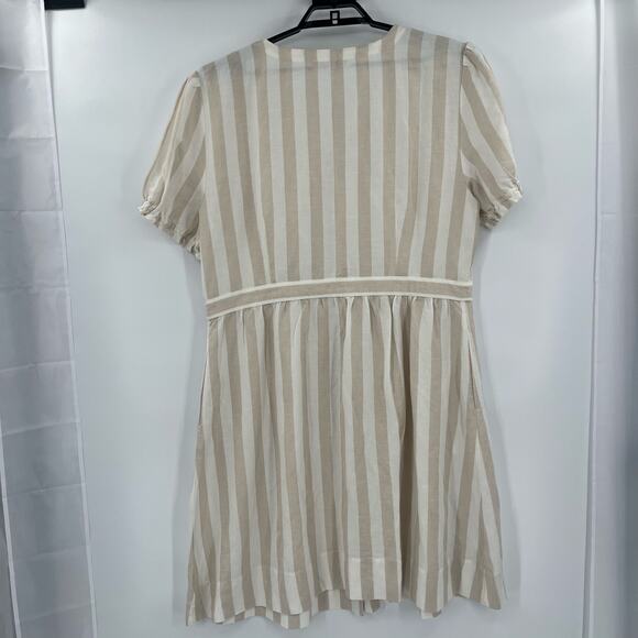 Loft Stripe Shirt Dress Sz 18  Linen Cottagecore Coastal Puff Sleeve Midi Beachy - Picture 5 of 11